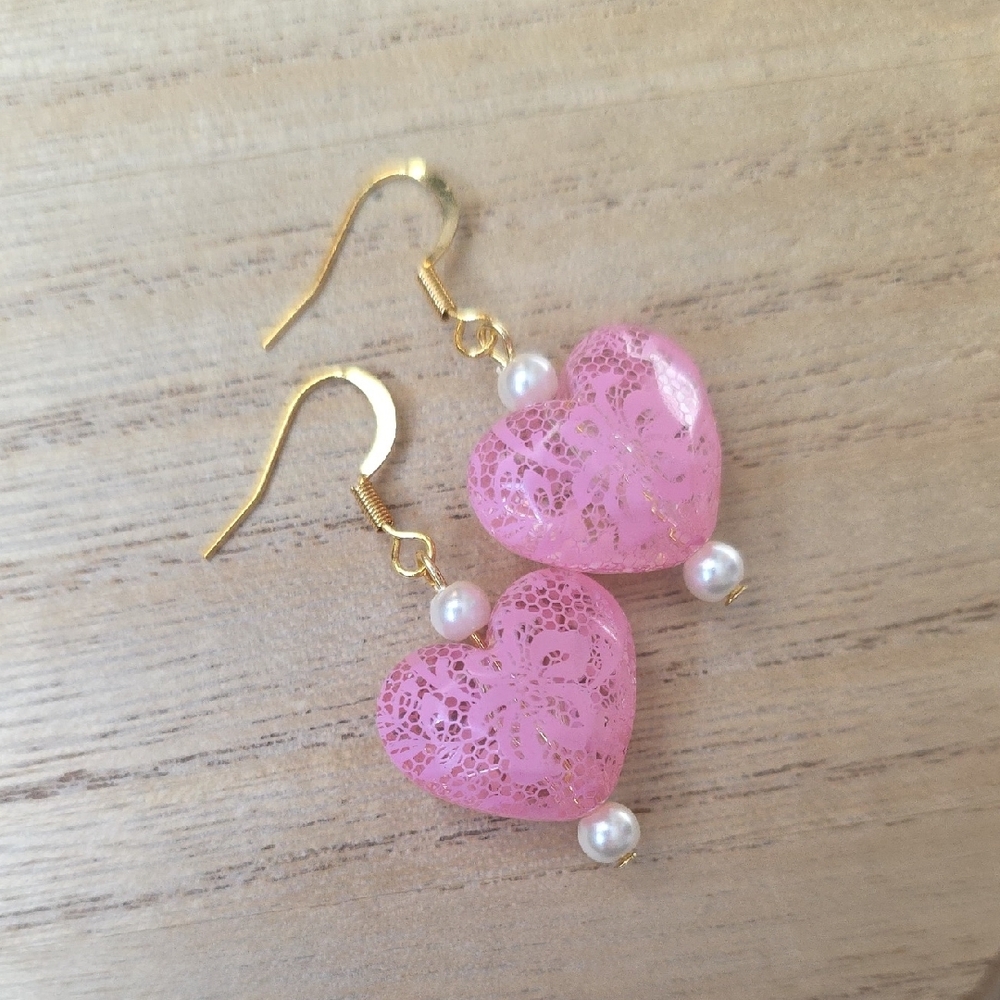 Handmade Pink Lace Heart Earrings